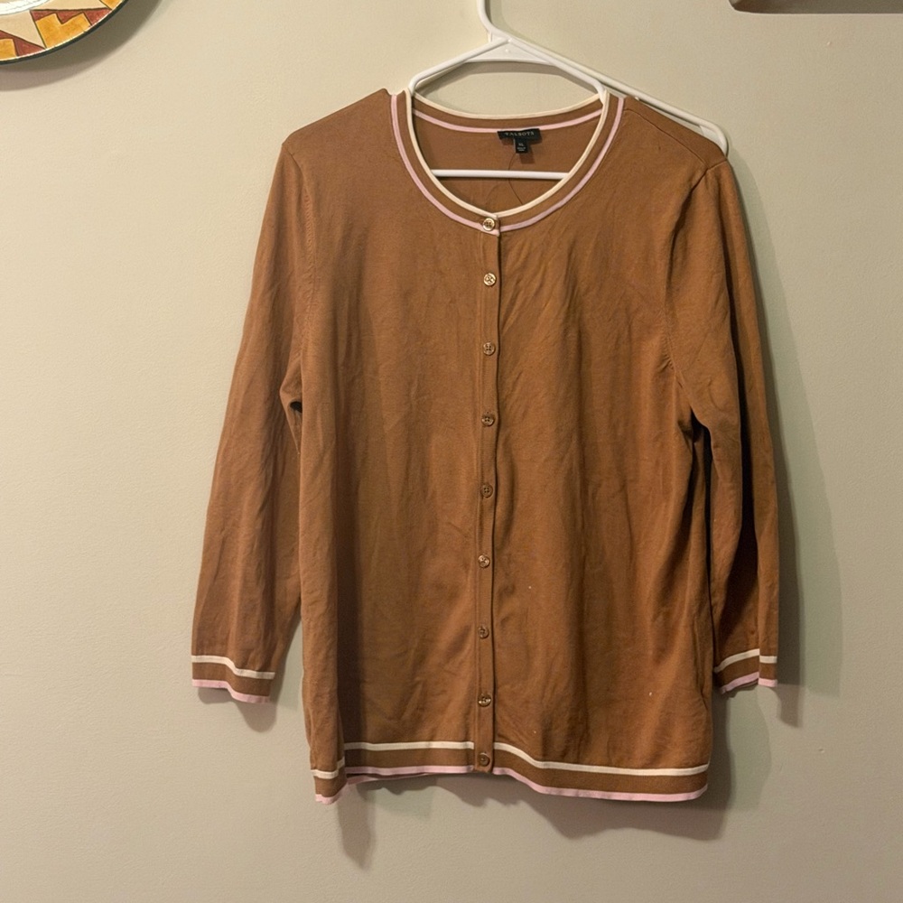 Early 2000 Talbots Cardigan Camel color with pink/white trim size XL